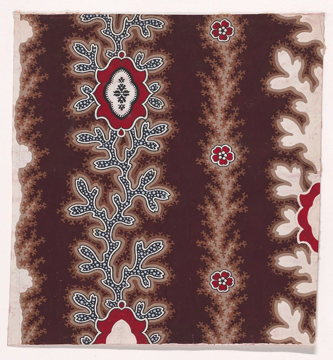 Textile Design with Alternating Vertical Garlands of Stylized Leaves and Branches Decorated with Quatrefoils with an Ornamental Frame and Rosettes with Pearls — Anonymous, Alsatian, 19th century