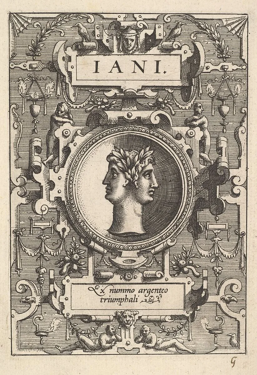 Bust of Janus surrounded by strapwork, from the series 'Deorum dearumque,' a set of images of deities after coins in the collection of Abraham Ortelius — Philips Galle|Johannes van Doetecum I|Lucas van Doetecum|Gerard van Groeningen|Hans Vredeman de Vries