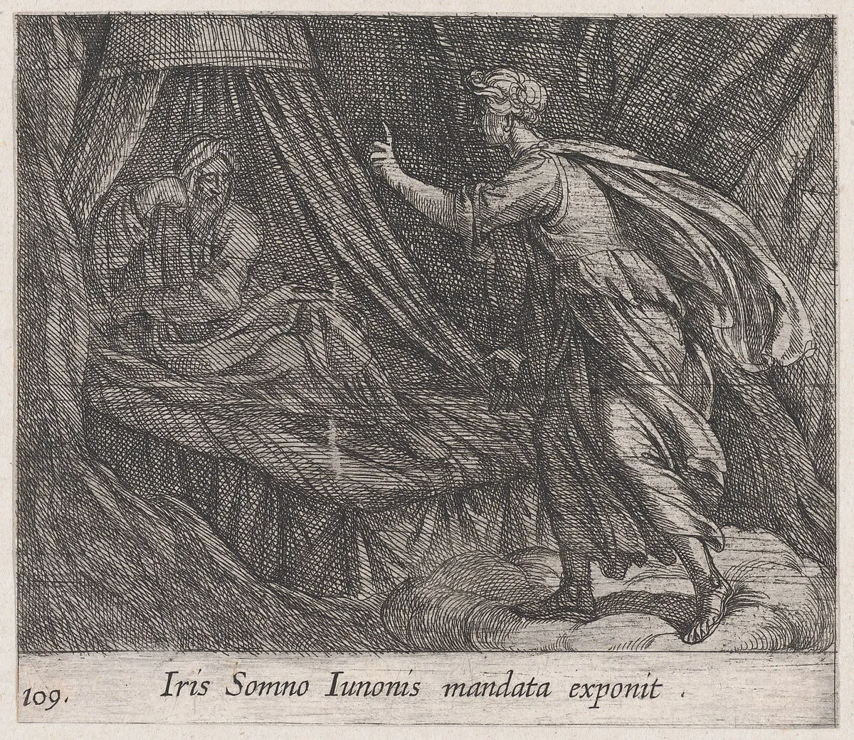 Plate 109: Iris Giving Sleep Juno's Command (Iris Somno Iunonis mandata exponit), from Ovid's 'Metamorphoses' — Antonio Tempesta