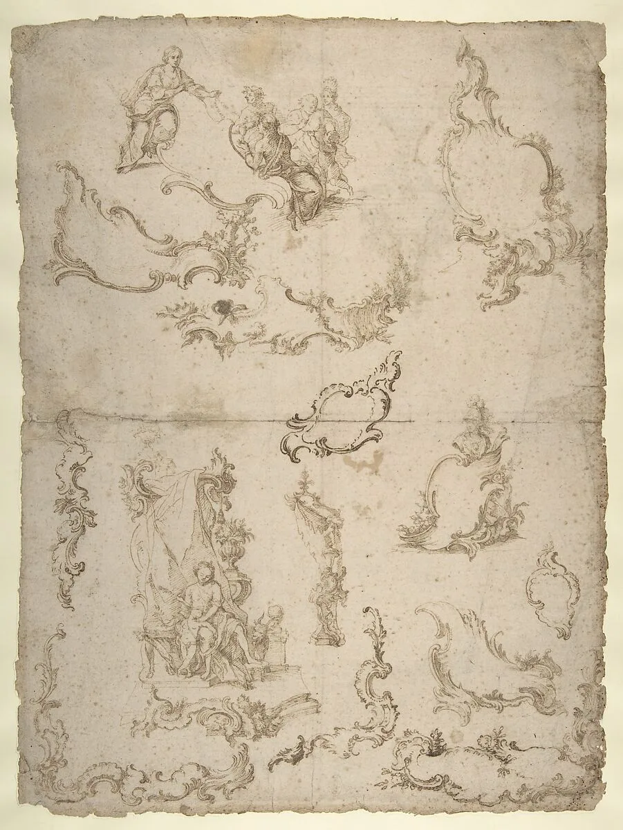 Studies for Figural Groups and Ornament (recto); Design for a Baptismal Font (verso) — Anonymous, Italian, North Italy, 18th century
