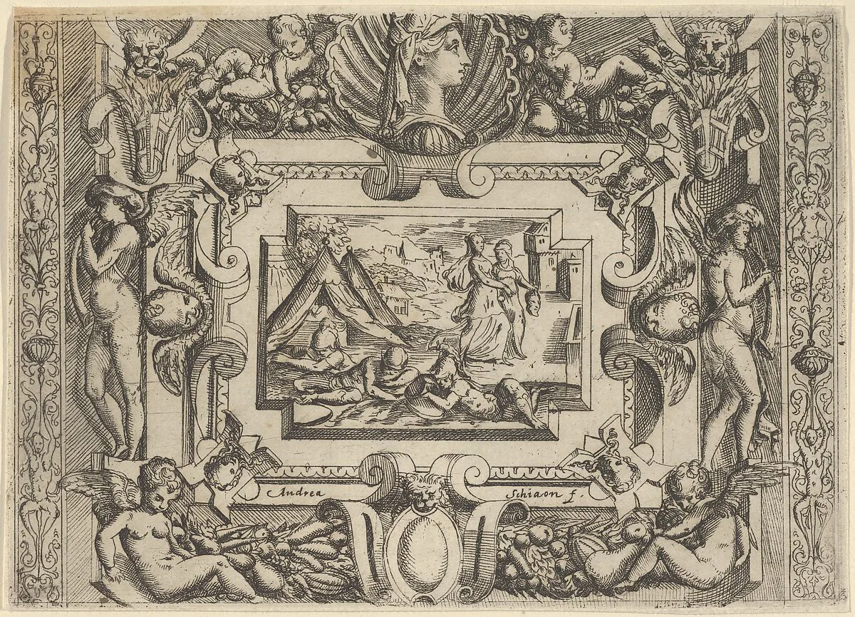 Judith and maidservant with the head of Holofernes, set within an elaborate frame — Andrea Schiavone (Andrea Meldola)|Battista Angolo del Moro|Jacques Androuet Du Cerceau