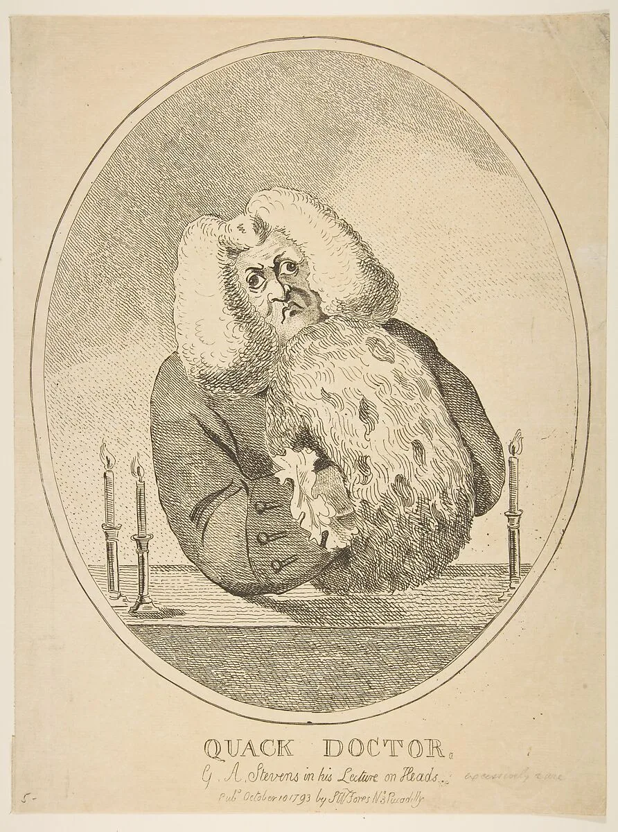 Quack Doctor, G. W. Stevens in His Lecture on Heads — S. W. Fores|Isaac Cruikshank