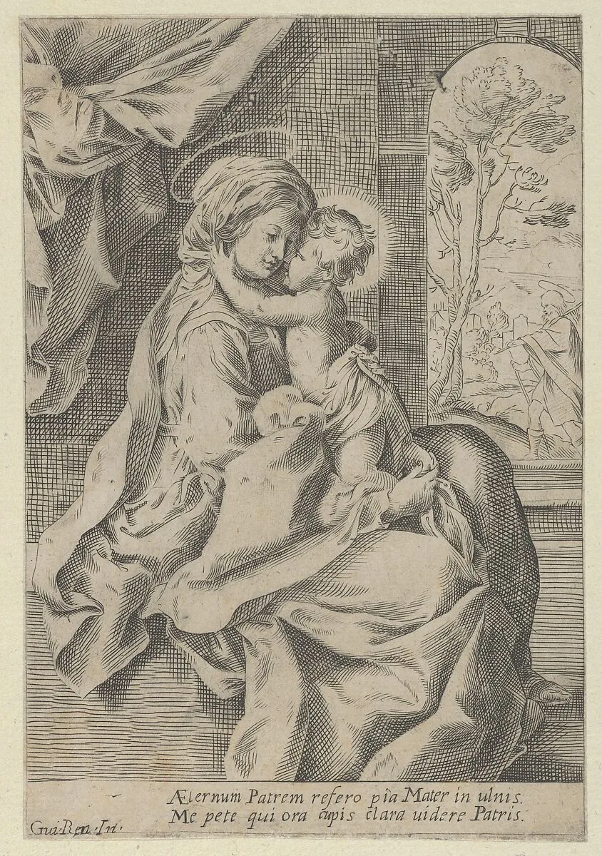The Virgin seated with the Christ Child on her lap embracing her, St Joseph seen through an archway at right, after Reni — Guido Reni|Anonymous, 17th century