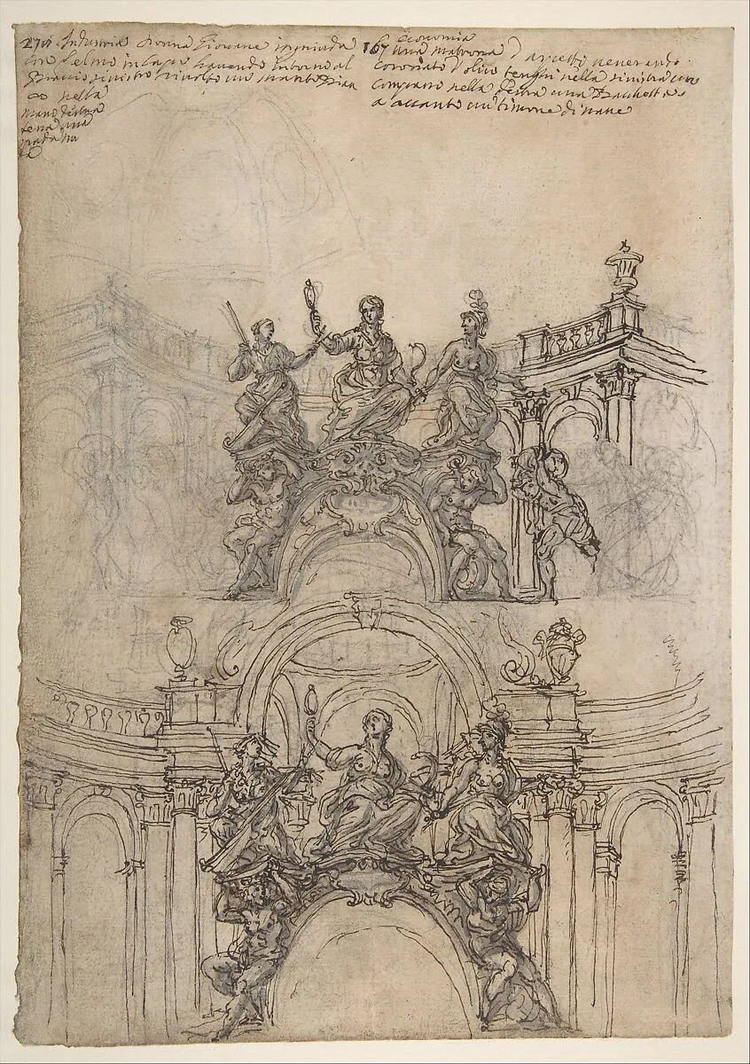 Studies for a Sculpture with Figures of Prudence, Industry and Economy Supported by Slaves and an Oval Plaque with Cartouche; Separate Study for a Cupola (Recto). Studies for Figural Ornament (Verso). — Giovanni Battista Foggini