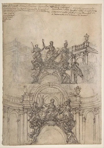 Studies for a Sculpture with Figures of Prudence, Industry and Economy Supported by Slaves and an Oval Plaque with Cartouche; Separate Study for a Cupola (Recto). Studies for Figural Ornament (Verso).