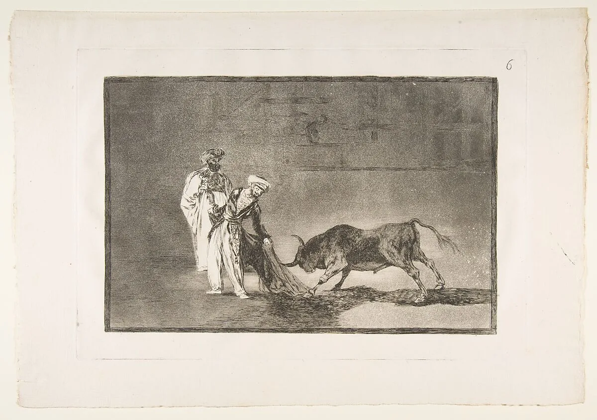Plate 6 from "La Tauromaquia": The Moors make a different play in the ring calling the bull with their burnous — Goya (Francisco de Goya y Lucientes)
