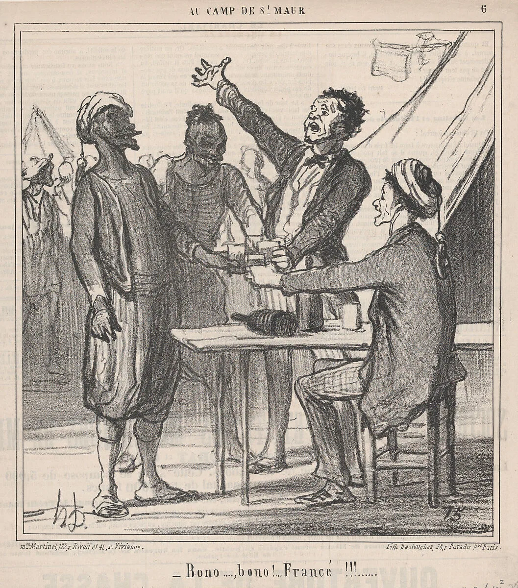 Bono...., bono!....Francé!!!...., from Au Camp de Saint-Maur, published in Le Charivari, August 29, 1859 — Destouches|Aaron Martinet|Honoré Daumier