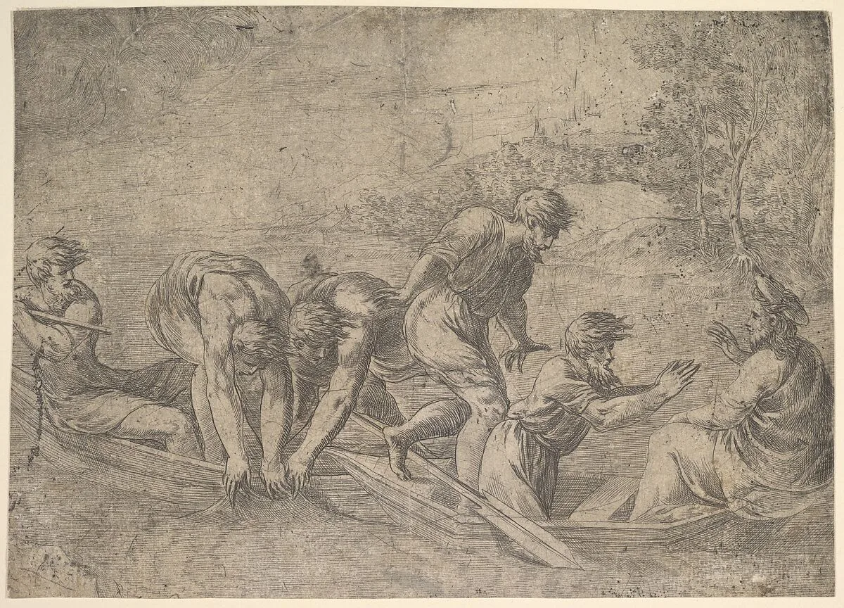 The miraculous draught of the fishes, Christ at the right accompanied by apostles in the boat — Andrea Schiavone (Andrea Meldola)|Raphael (Raffaello Sanzio or Santi)