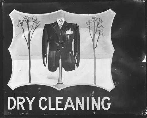 [Hand-Painted Sign "Dry Cleaning" with Man's Jacket and Trees in Cartouche, Near Baton Rouge, Louisiana]