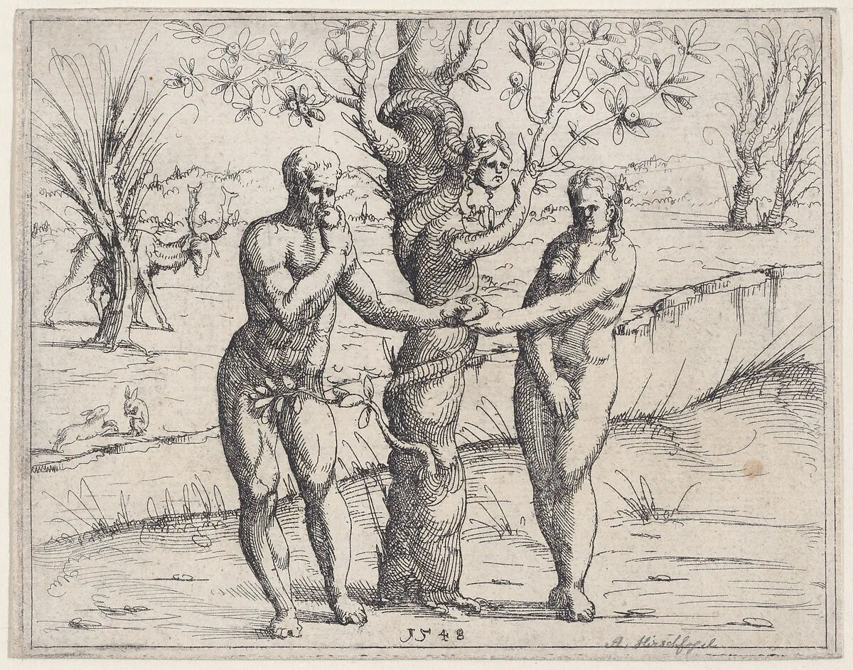 Adam and Eve Eating the Forbidden Fruit, from Old and New Testaments — Augustin Hirschvogel