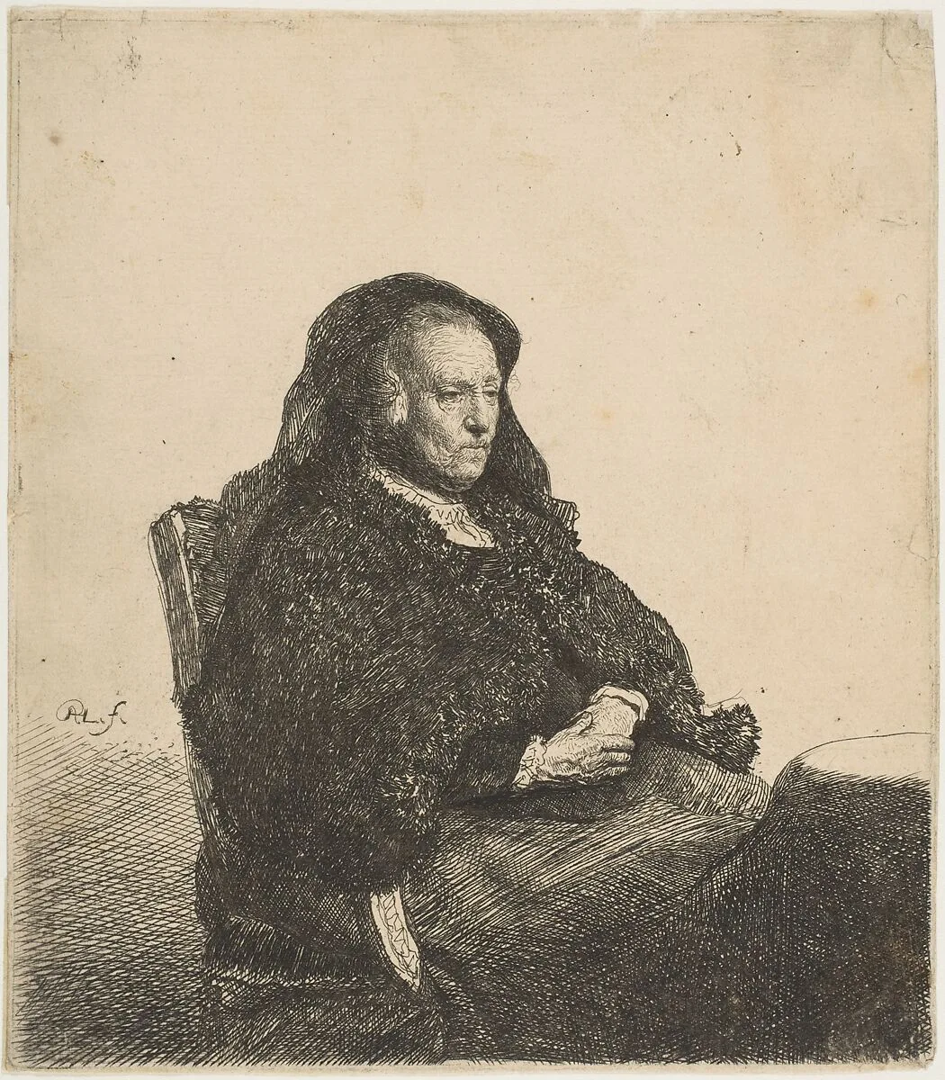 The Artist's Mother Seated at a Table Looking Right: Three-Quarter Length — Rembrandt (Rembrandt van Rijn)