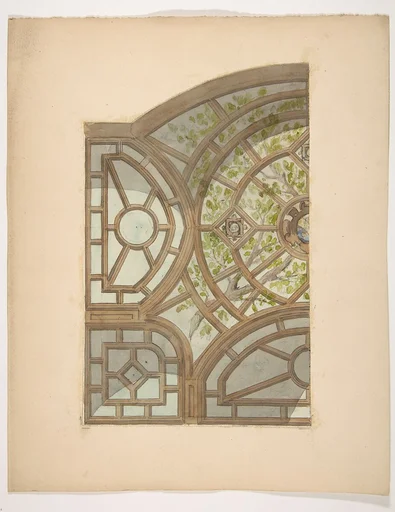 Design for one section of a ceiling painted with trees and lattices