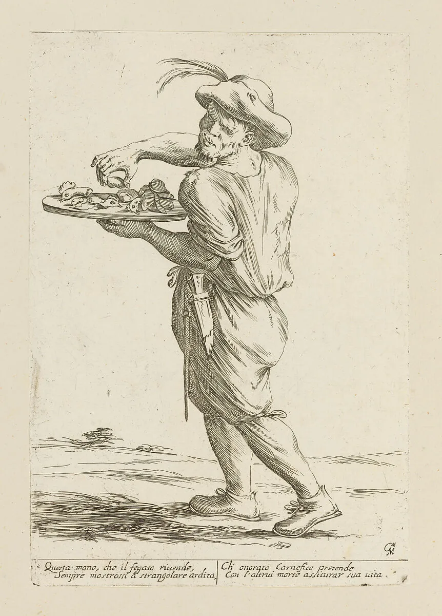Vendor of Chicken Heads and Livers, from Di Bologna l'Arti per via D'An.ibal' Ca.rac, plate 5 — Giuseppe Maria Mitelli|Annibale Carracci|Giovanni Giacomo De Rossi