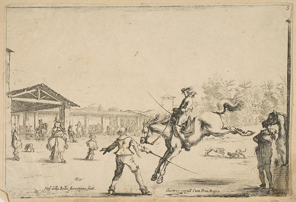 A riding school, a horseman with sword jumping directed by another man with a sword in center, a man standing next to his horse to right, various horsemen, the school, and two dogs in the background, from 'Varie figure' — Stefano della Bella|H. R. Young