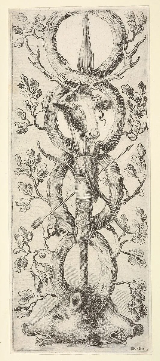 Two wild boar heads below, a deer head above, a bow and arrow in center, from 'Ornaments or Grotesques' (Ornamenti o Grottesche) — Stefano della Bella