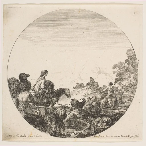 A woman carrying a child on a horse at left, a camel following her, a herd of goats, sheep, and a shepherd in front of her at right, plate 5 from "Roman landscapes and ruins" (Paysages et ruines de Rome)