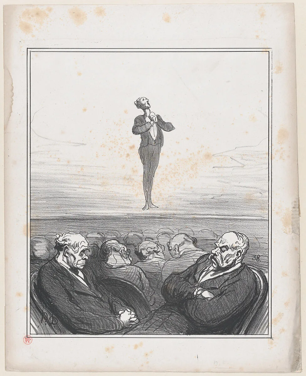The competition at the conservatory: At the 79th audition of "Oh, what a pleasure to be a soldier!", from 'News of the day,' published in "Le Charivari" — Walter Frères|Arnaud de Vresse|Honoré Daumier|Augustin-Eugène Scribe|François Adrien Boieldieu