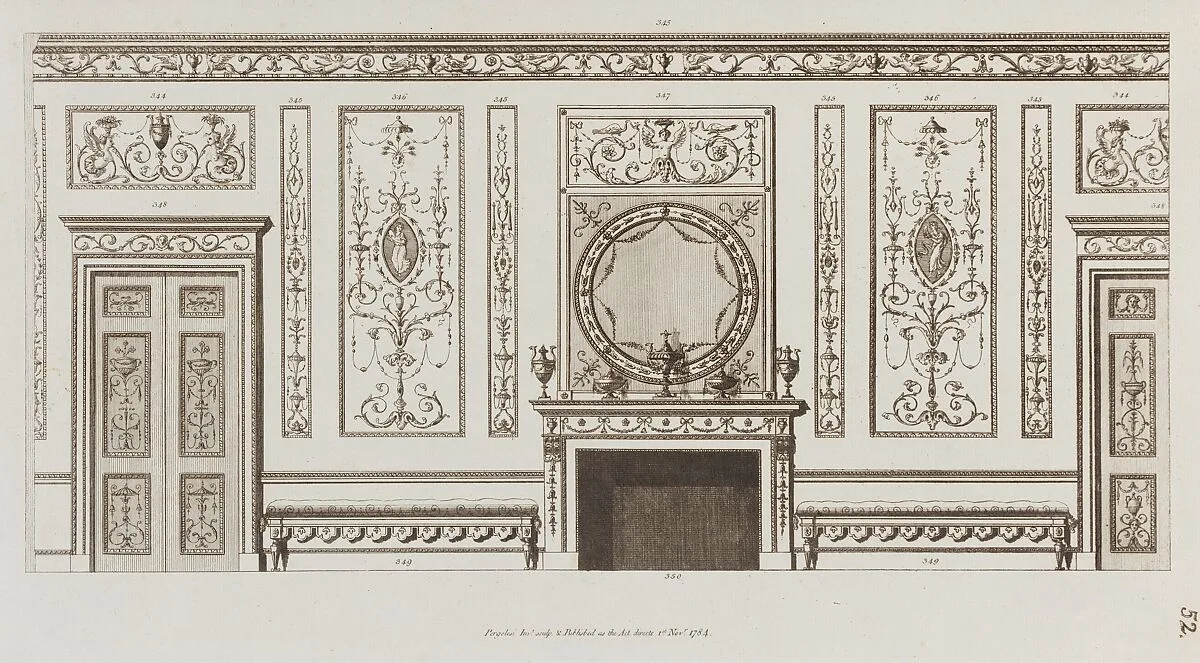 Interior design of wall with door, fireplace, panels and benches (in "Designs for Various Ornaments," pl. 52) — Giovanni Battista Cipriani|Francesco Bartolozzi|Michelangelo Pergolesi