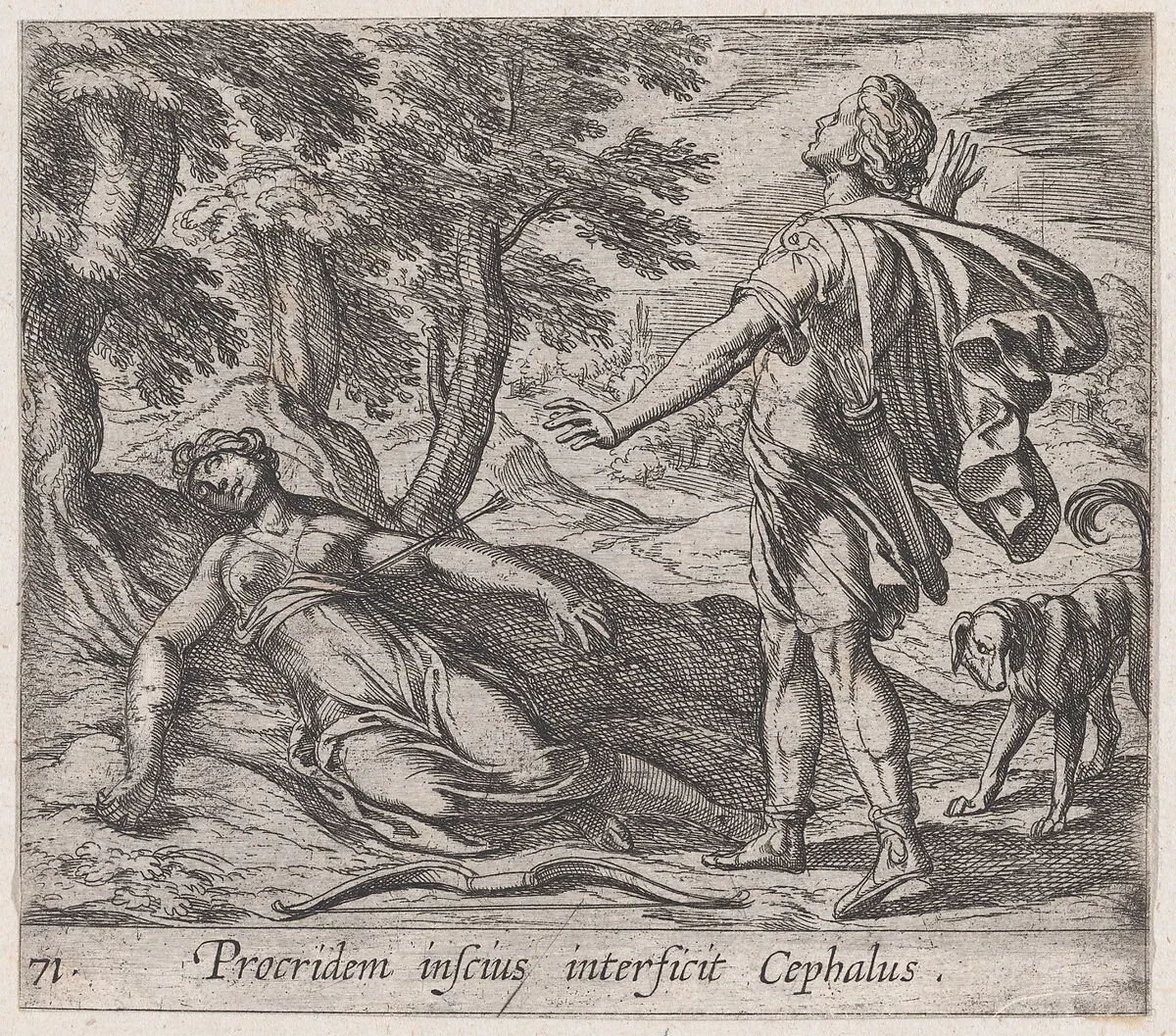 Plate 71: Procris Killed by Cephalus's Javelin (Procridem inscius interficit Cephalus), from Ovid's 'Metamorphoses' — Antonio Tempesta