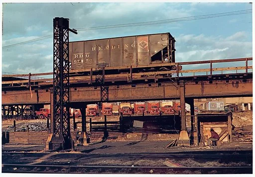 [Two Prints of Reading Railroad Car on Elevated Track Above Yard, For Fortune Article "Before They Disappear"]