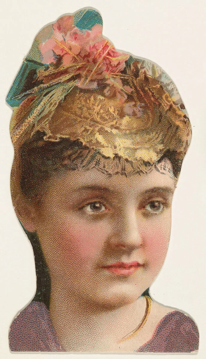 Actress wearing hat with pink flowers and blue bow, from Stars of the Stage, Fourth Series (N132) issued by Duke Sons & Co. to promote Honest Long Cut Tobacco — American Tobacco Company|W. Duke, Sons & Co.