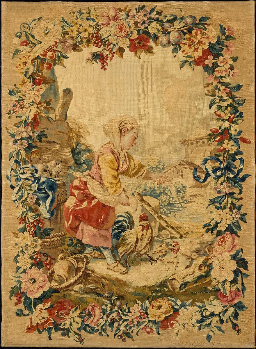 Girl Feeding Chickens from the series known as the Enfants de Boucher — Manufacture Nationale des Gobelins|François Boucher|Jacques Neilson