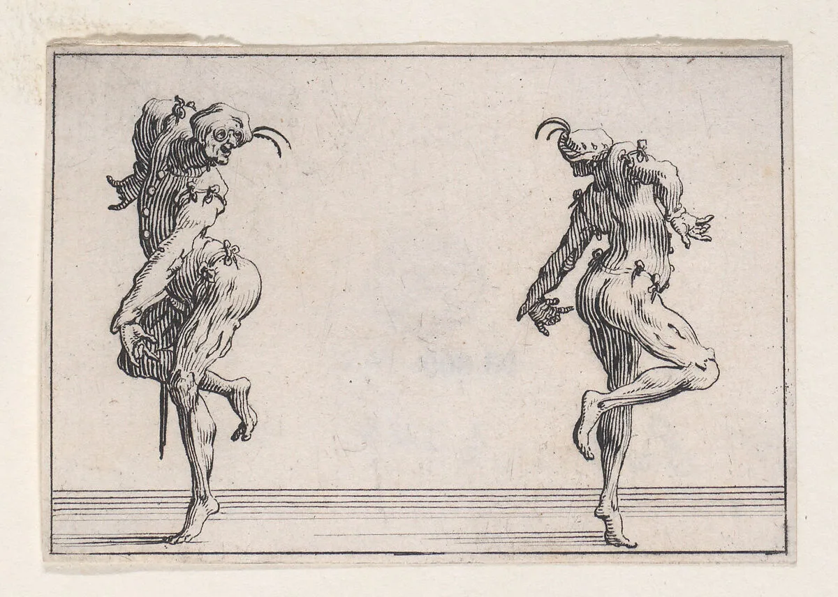 Les Deux Pantalons se Tournant le Dos (Two Men in Pantsuits Turned Away from Each Other), from Les Caprices Series A, The Florence Set — Jacques Callot|Lorenzo de' Medici