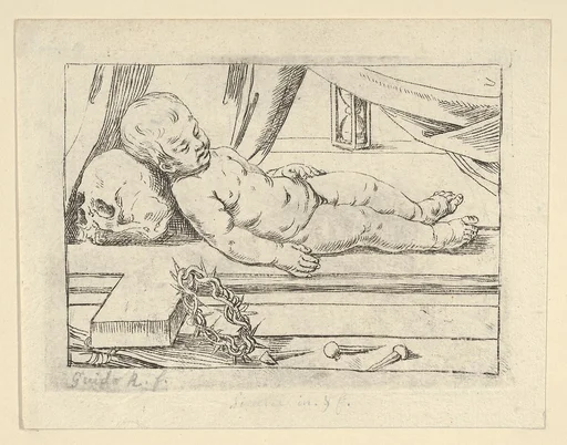 The infant Christ asleep on a cross, his head resting on a skull, a crown of thorns and nails in the foreground, after Reni