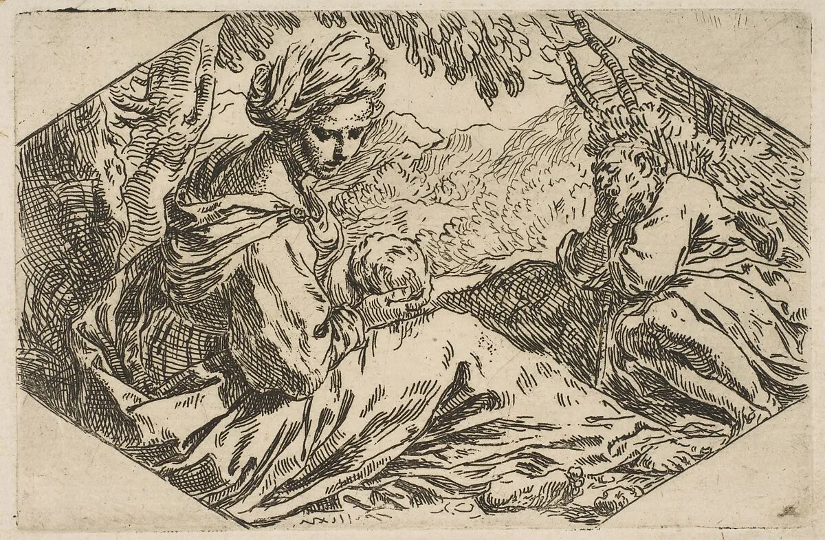 Repose in Egypt, Mary holding and looking at the infant Christ while St. Joseph sleeps — Simone Cantarini
