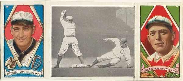 "Schaefer on First," with Clyde Milan and George F. McBride, from the series Hassan Triple Folders (T202) — Hassan Cigarettes