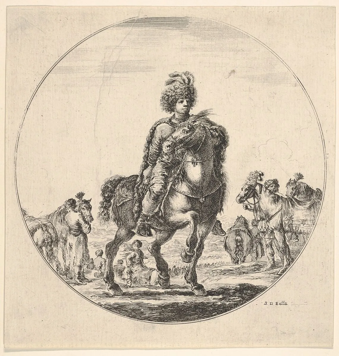 Polish horseman facing right, a circular composition, from 'Figures on Horseback' (Cavaliers nègres, polonais et hongrois) — Stefano della Bella