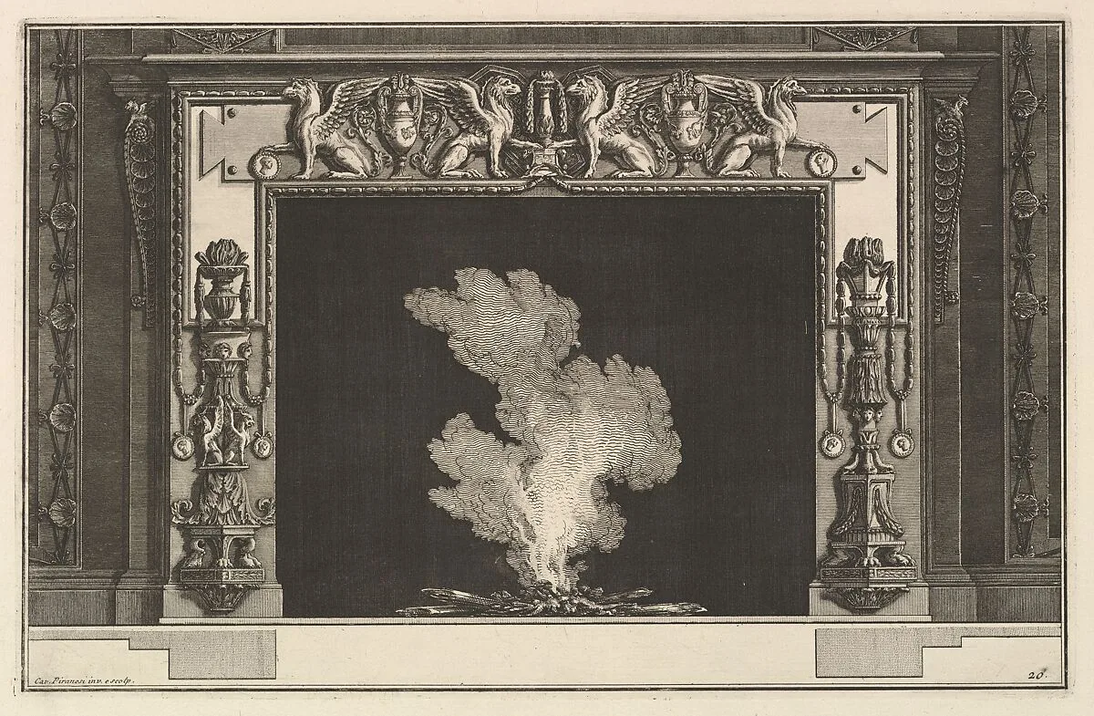 Chimneypiece: Affronted griffons on the lintel and candelabra on the jambs (Ch. accompagnée de son plan et décorée d'une frise de griffons), from Diverse Maniere d'adornare i cammini ed ogni altra parte degli edifizi...(Different Ways of ornamenting chimneypieces and all other parts of houses) — Giovanni Battista Piranesi