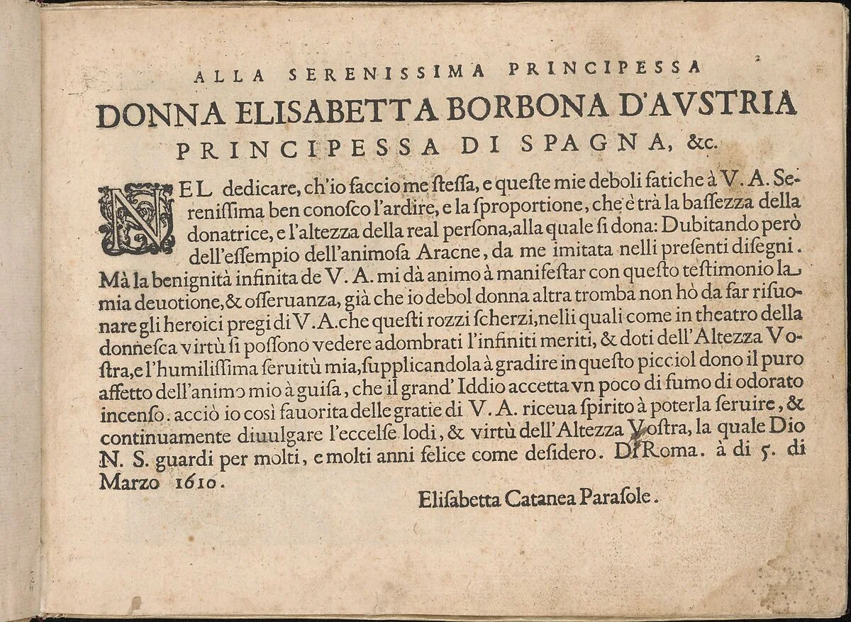 Fiore D'Ogni Virtu Per le Nobili Et Honeste Matrone, page 2 (recto) — Isabella Catanea Parasole|Antonio Fachetti