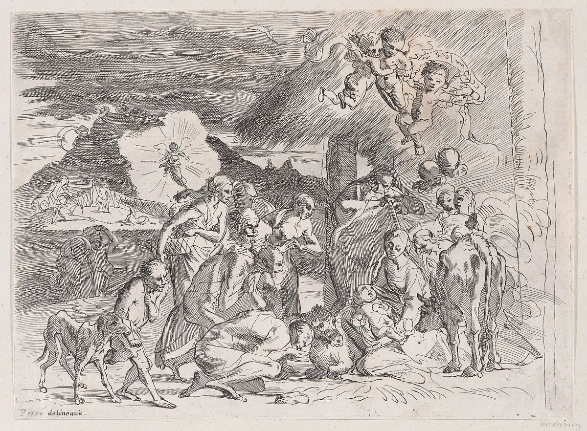 The adoration of the shepherds who gather at left, angels holding a banderole upper right — Pietro Testa|Anonymous, 18th century