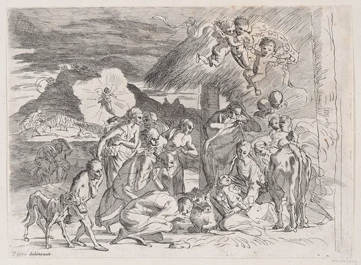 The adoration of the shepherds who gather at left, angels holding a banderole upper right
