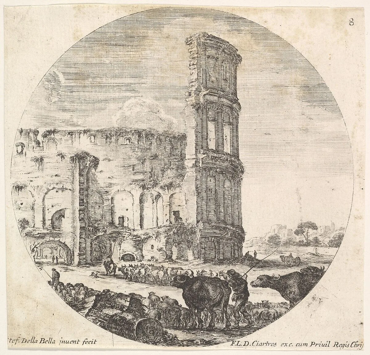Plate 8: the Colosseum, two herds being directed towards the amphitheater in the foreground, a round composition, from 'Roman landscapes and ruins' (Paysages et ruines de Rome) — Stefano della Bella|François Langlois