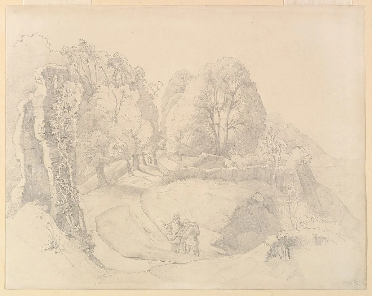 Wayfarers Near a Ruin in a Hilly Landscape — Victor Paul Mohn