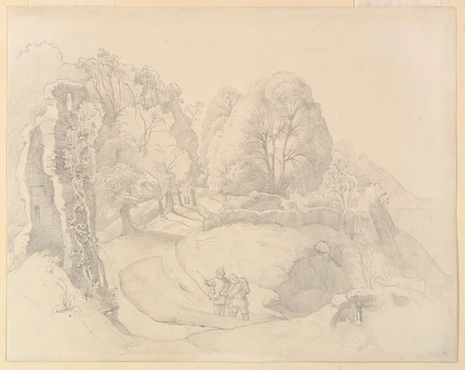 Wayfarers Near a Ruin in a Hilly Landscape