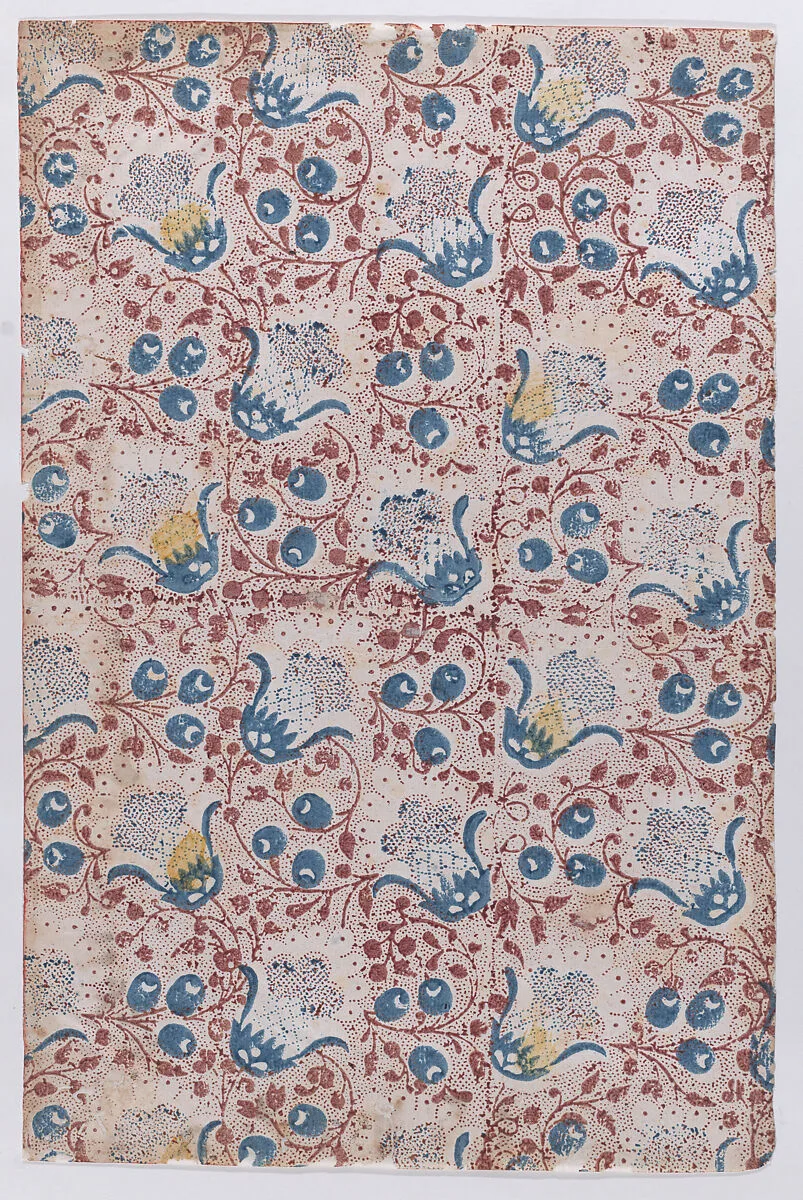Sheet with overall dot, floral, and vine pattern — Anonymous