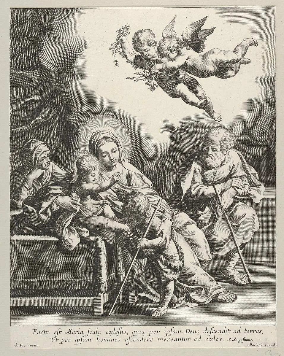 The Holy Family with young John the Baptist and Saint Elizabeth, two angels above, after Reni — Guido Reni|Anonymous, 17th century|Mariette