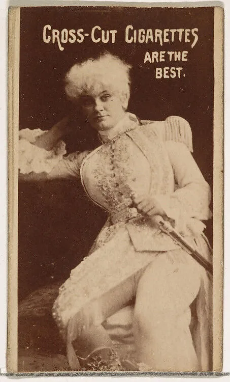 Actress wearing costume with white wig and sword, from the Actors and Actresses series (N145-1) issued by Duke Sons & Co. to promote Cross Cut Cigarettes — W. Duke, Sons & Co.