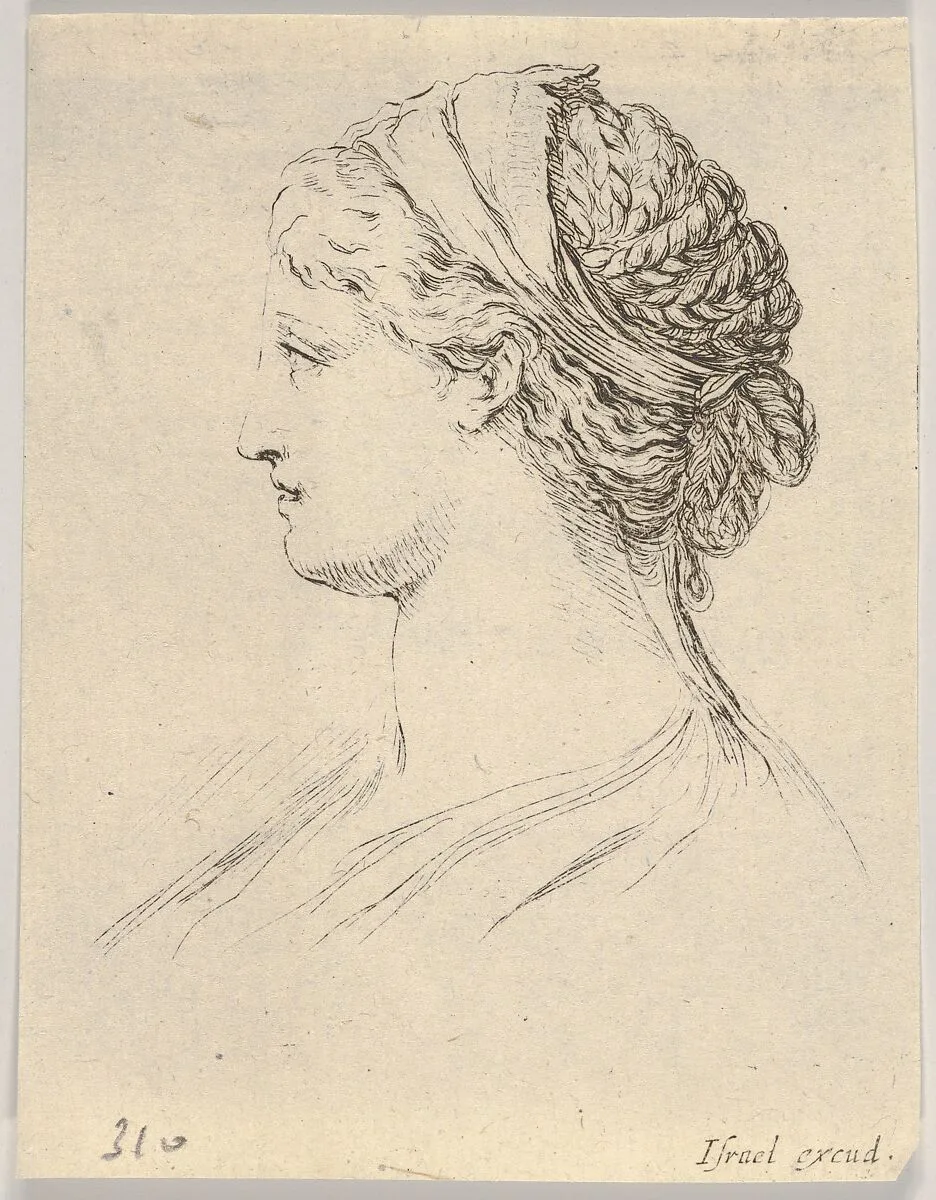 Plate 3: head of a woman with braided hair, turned in profile to the right, from 'Various heads and figures' (Diverses têtes et figures) — Stefano della Bella|Israël Henriet