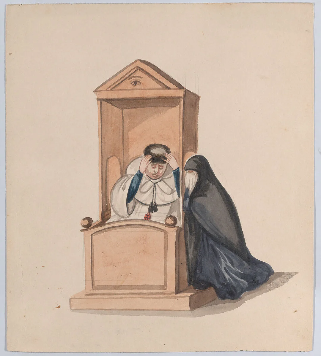 A woman confessing to a priest, from a group of drawings depicting Peruvian dress — Francisco (Pancho) Fierro