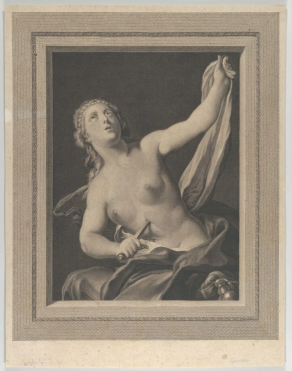 Lucretia seated, half naked, stabbing herself in the stomach with a dagger in her right hand and holding a cloth in her raised left hand, looking upwards, after Pellegrini? — Louis Jacques Cathelin|Louis Jacques Cathelin|Giovanni Antonio Pellegrini|Andrea Casali