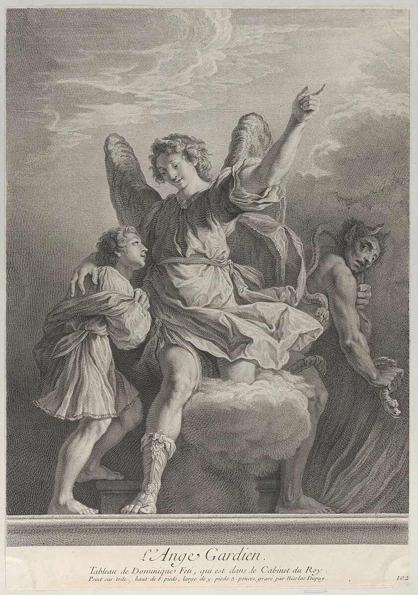 The Guardian Angel, stepping off a cloud and putting his arm around a young boy at left while a demon walks away at right — Nicolas Gabriel Dupuis|Domenico Fetti