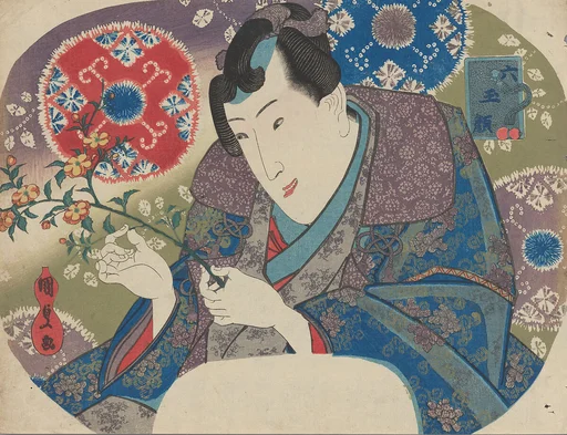 歌川国貞 (三代歌川豊国)画 「六玉顔」 山吹を持つ光氏|Mitsuuji with Mountain Roses (Yamabuki), from the series “Six Jewel Faces” (Mu tama-gao)