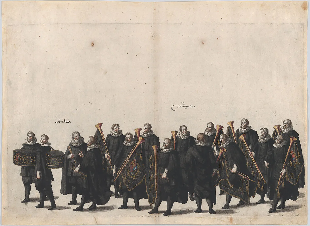 Plate 28: Drummers and trumpet players marching in the funeral procession of Archduke Albert of Austria; from 'Pompa Funebris ... Alberti Pii' — Jacques Francquart|Cornelis Galle I