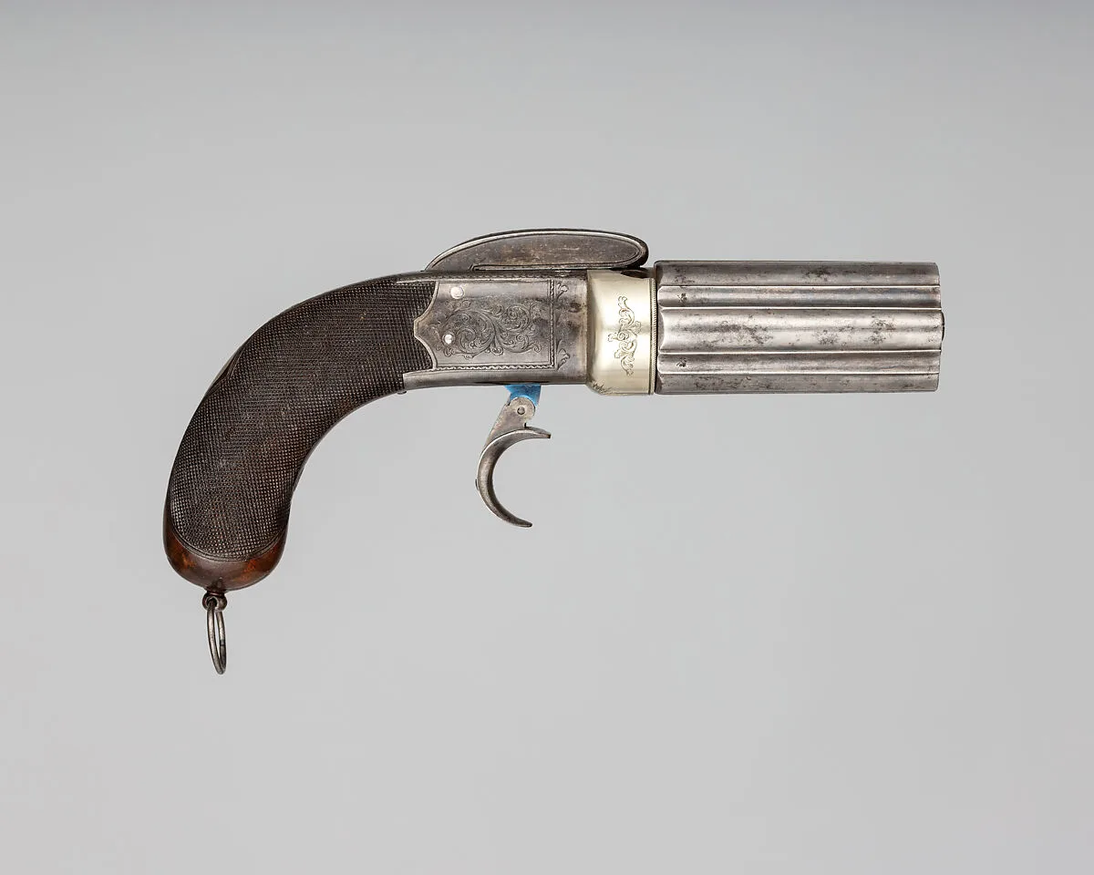 Six-Barreled Pepperbox Disk Primer Pistol with Case and Accessories — Joseph Rock Cooper
