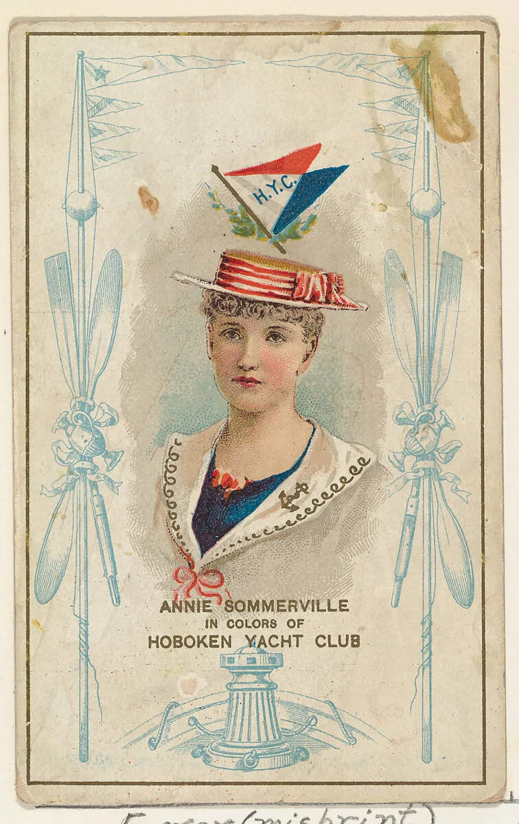 Error-Misprint Card, Annie Sommerville in Colors of the Hoboken Yacht Club, from the Yacht Colors of the World series (N140) issued by Duke Sons & Co. to promote Honest Long Cut Tobacco — W. Duke, Sons & Co.