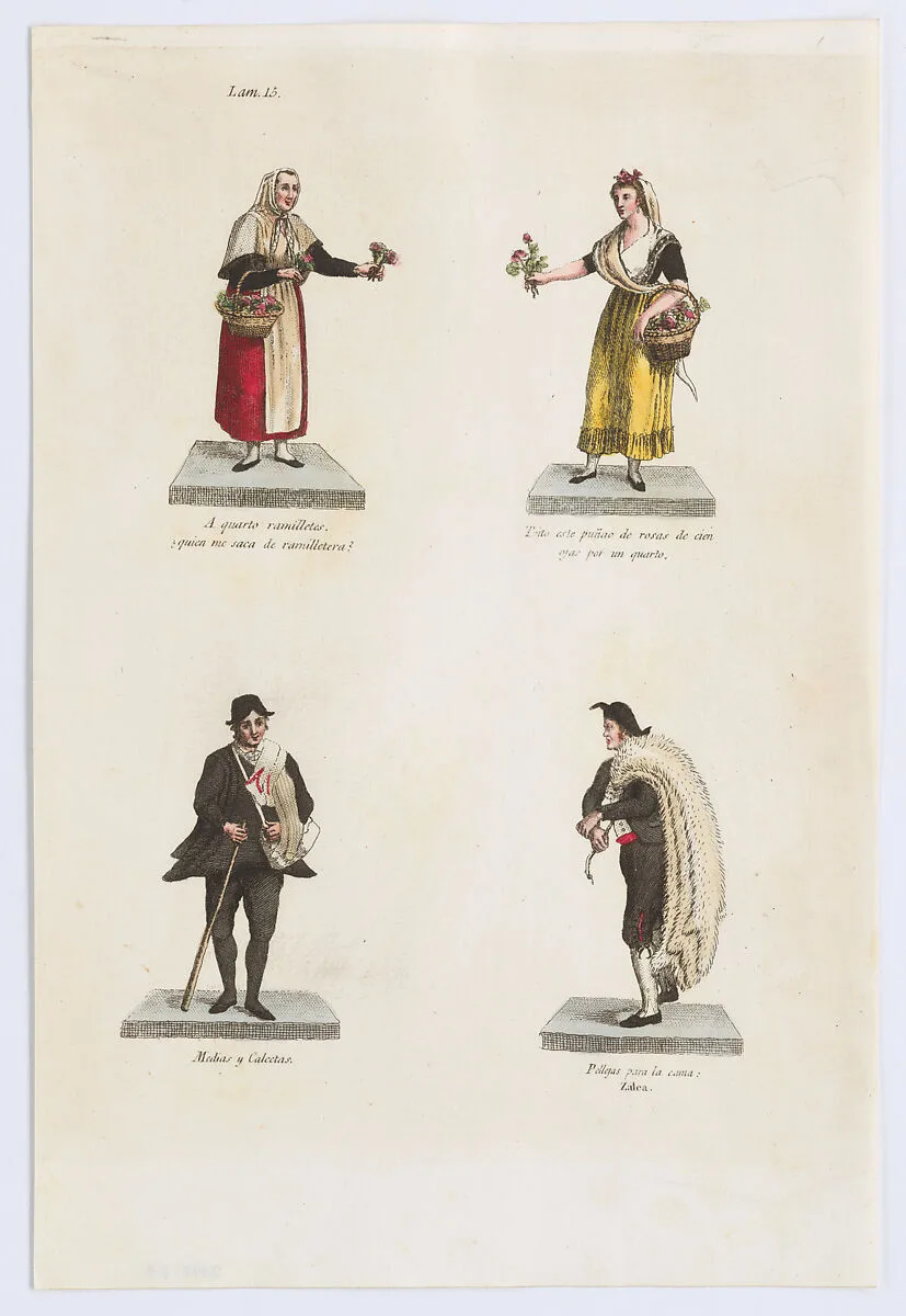 Plate 15: four street vendors from Madrid selling flowers, socks, and skins, from 'Los Gritos de Madrid' (The Cries of Madrid) — Miguel Gamborino|Imprenta Real, Madrid